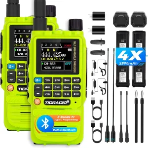 TIDRADIO TD-H3 Ham Radio Type C & Wireless Programming(4PCS Batteries)，8-Band Long Range Walkie Talkies Rechargeable Handheld Portable Full-Featured 2 Way Radios- Green, Full Kit 2Pack
