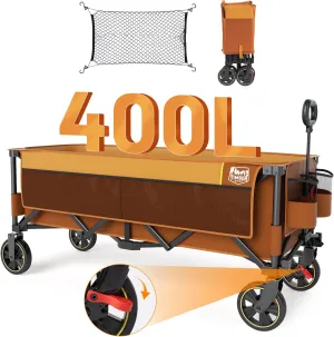 TIMBER RIDGE 51.2'' Extended Collapsible Wagon Cart with Brakes and Cargo Net, 350LBS Heavy Duty Foldable Utility Wagon with Adjustable Handle, 400L Capacity Portable Cart for Camping Sports Shopping