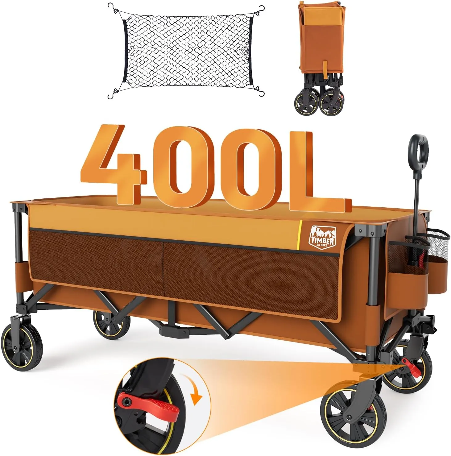 TIMBER RIDGE 51.2'' Extended Collapsible Wagon Cart with Brakes and Cargo Net, 350LBS Heavy Duty Foldable Utility Wagon with Adjustable Handle, 400L Capacity Portable Cart for Camping Sports Shopping