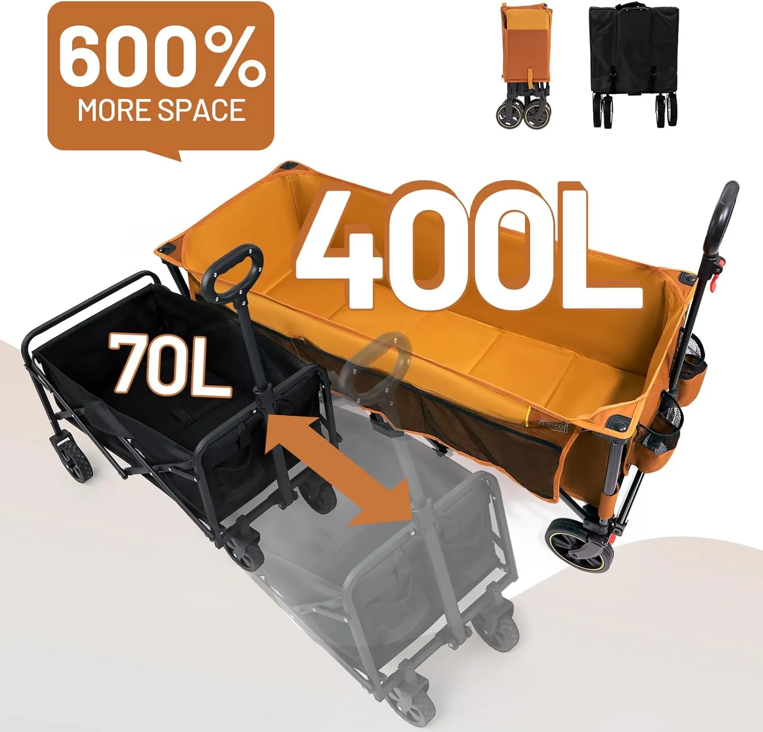 TIMBER RIDGE 51.2'' Extended Collapsible Wagon Cart with Brakes and Cargo Net, 350LBS Heavy Duty Foldable Utility Wagon with Adjustable Handle, 400L Capacity Portable Cart for Camping Sports Shopping