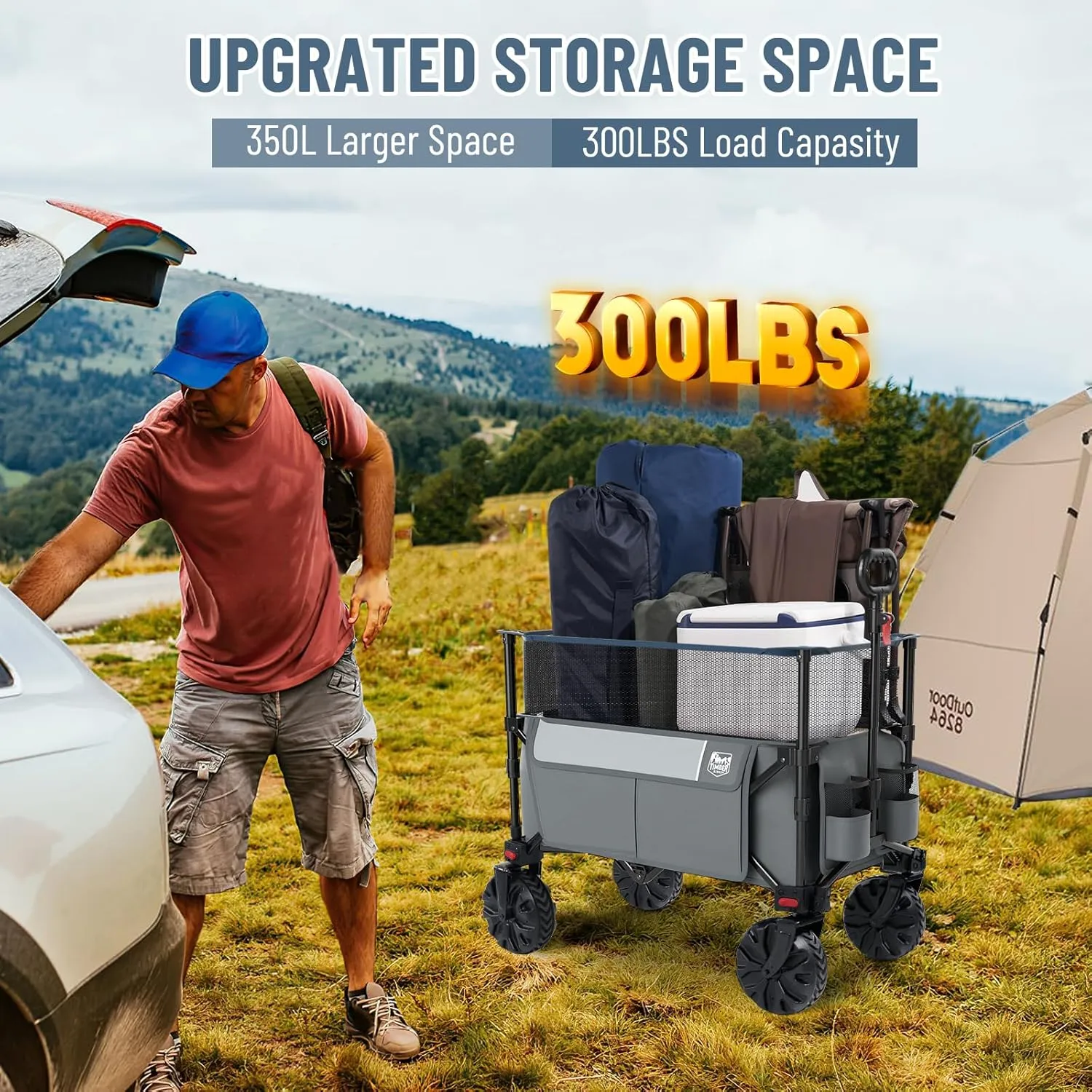 TIMBER RIDGE Foldable Wagon 350L Extendable Height, 300LBS Capasity Collapsible Wagon Cart with All Terrians Detachable Wheels, Compact Folding Utility for Camping, Fishing, Shopping (Gray)