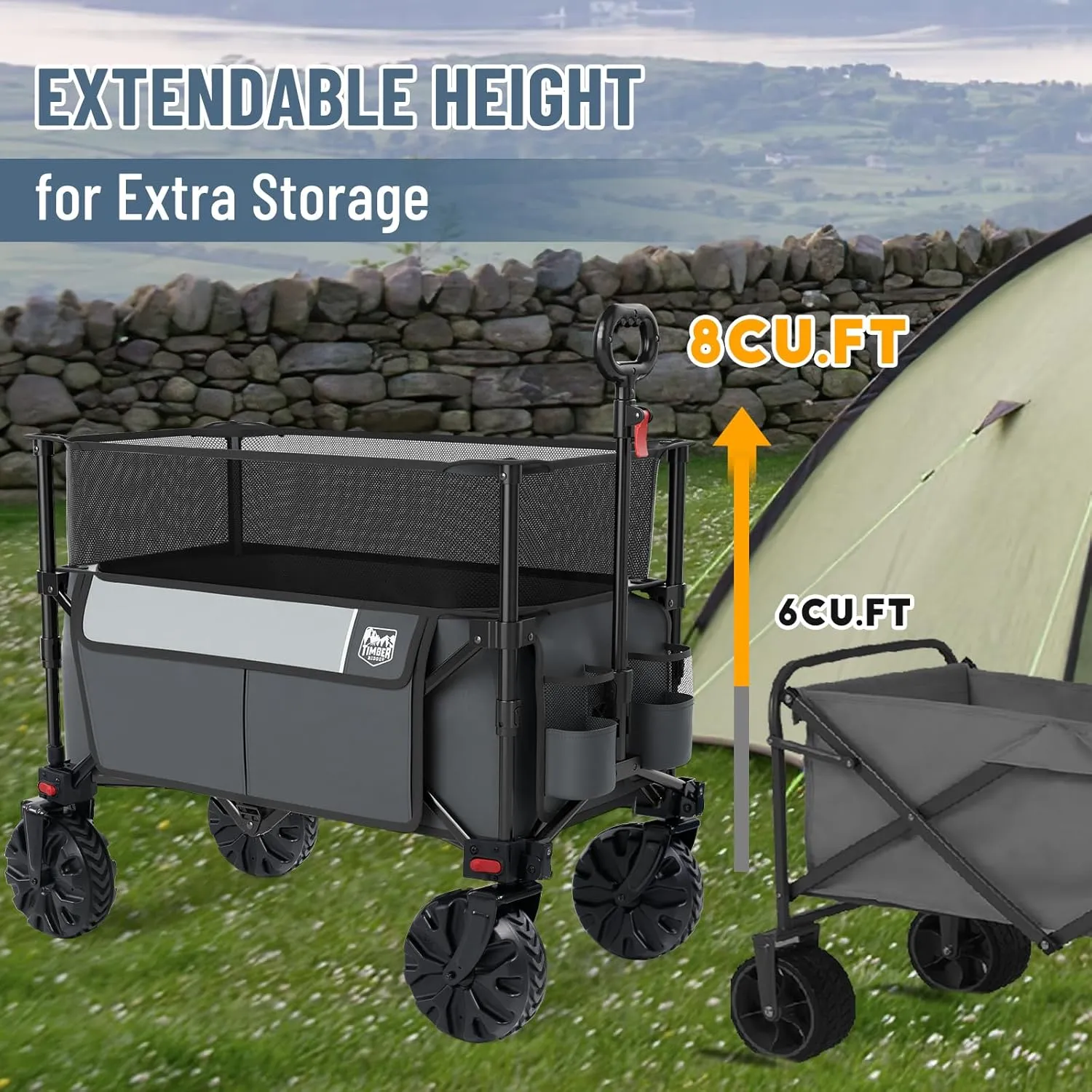 TIMBER RIDGE Foldable Wagon 350L Extendable Height, 300LBS Capasity Collapsible Wagon Cart with All Terrians Detachable Wheels, Compact Folding Utility for Camping, Fishing, Shopping (Gray)