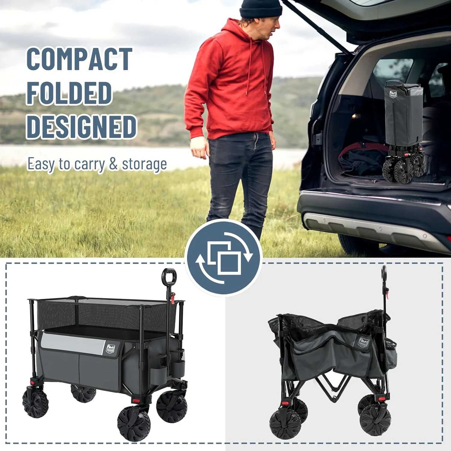 TIMBER RIDGE Foldable Wagon 350L Extendable Height, 300LBS Capasity Collapsible Wagon Cart with All Terrians Detachable Wheels, Compact Folding Utility for Camping, Fishing, Shopping (Gray)