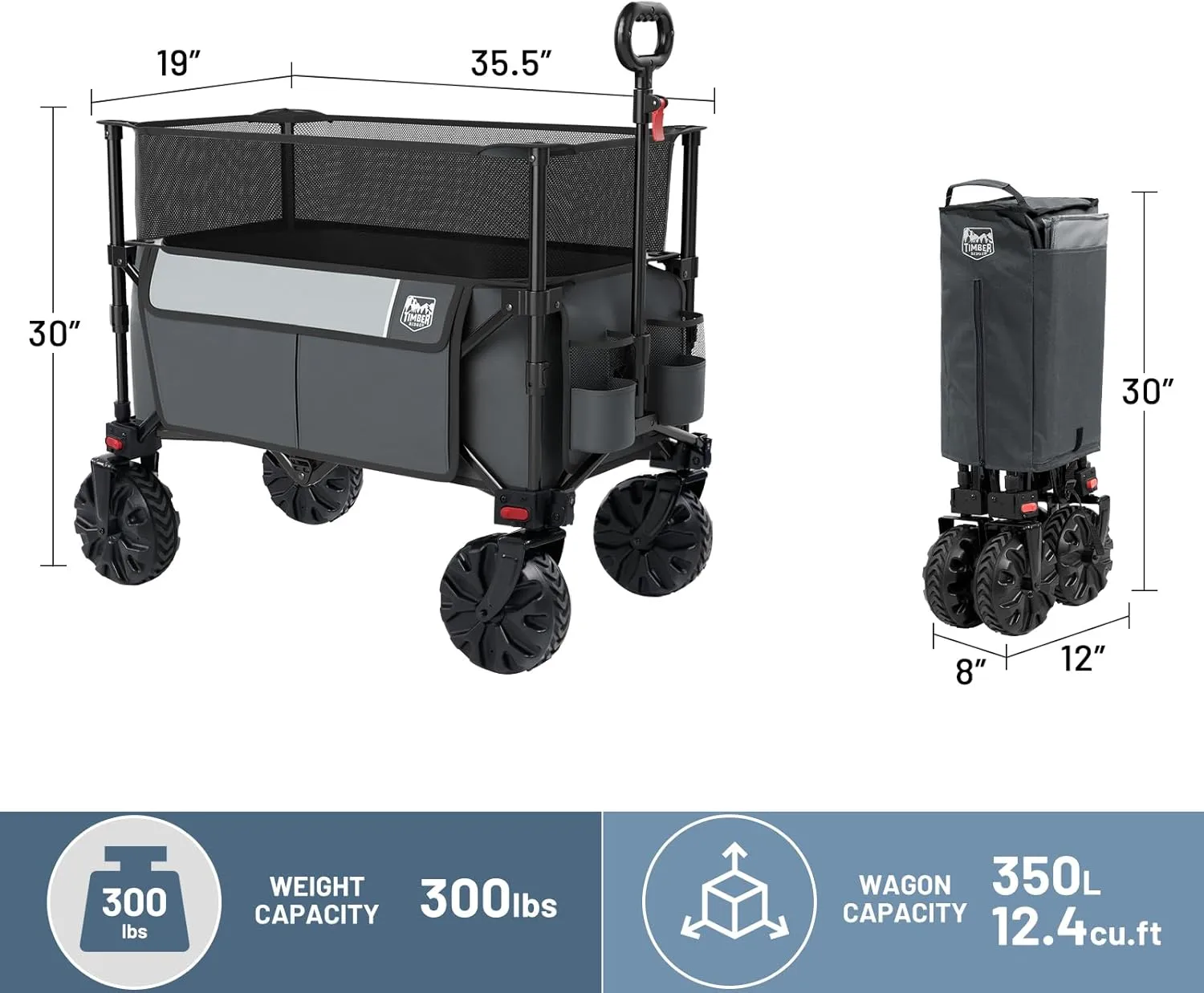 TIMBER RIDGE Foldable Wagon 350L Extendable Height, 300LBS Capasity Collapsible Wagon Cart with All Terrians Detachable Wheels, Compact Folding Utility for Camping, Fishing, Shopping (Gray)