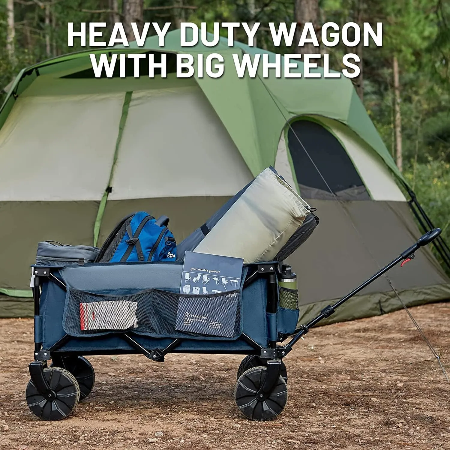 Timber Ridge Folding Wagon Collapsible Utility Big Wheels Shopping Cart for Beach Outdoor Camping Garden All Terrain, Heavy Duty Portable Grocery Cart with Side Bag