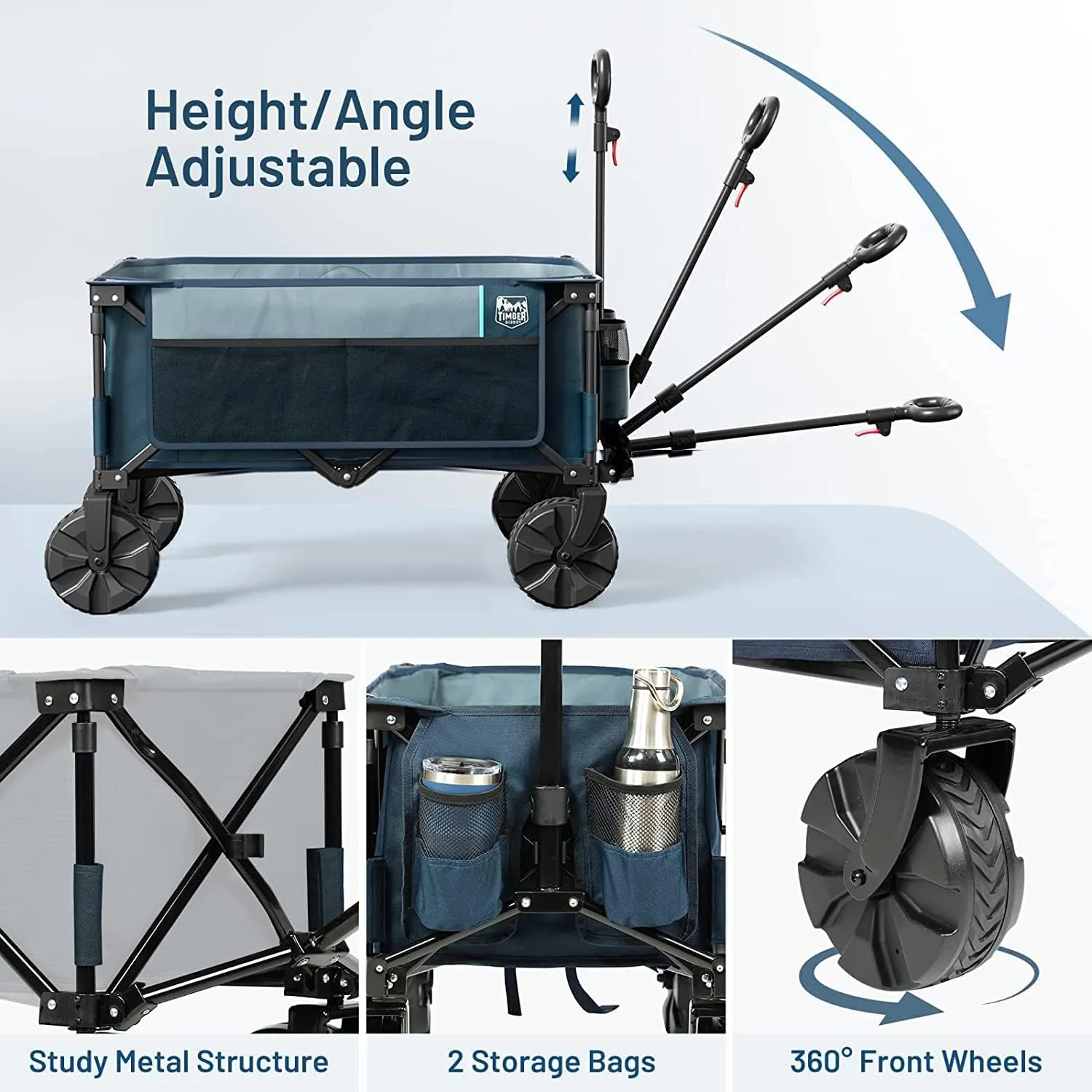 Timber Ridge Folding Wagon Collapsible Utility Big Wheels Shopping Cart for Beach Outdoor Camping Garden All Terrain, Heavy Duty Portable Grocery Cart with Side Bag