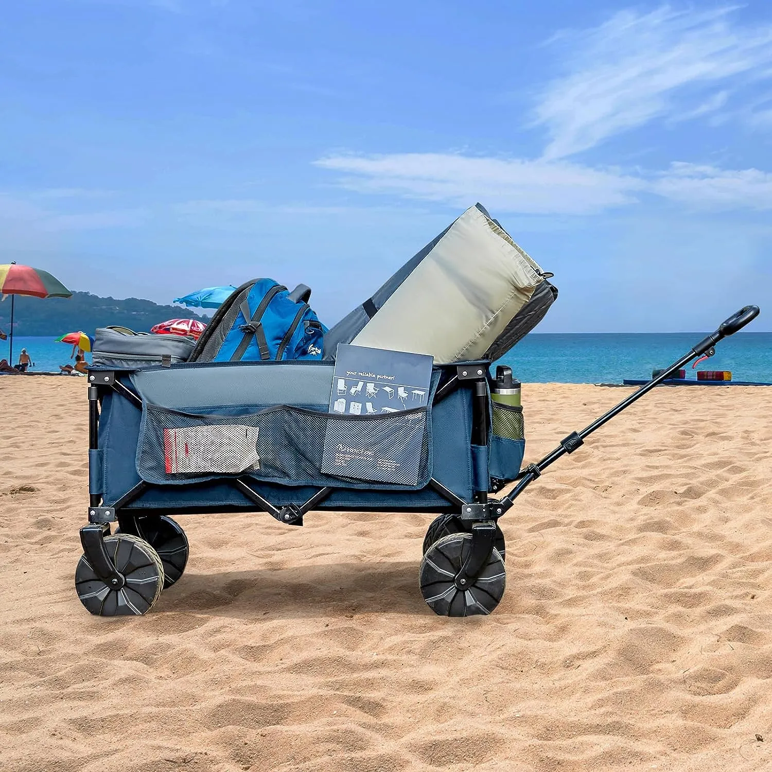 Timber Ridge Folding Wagon Collapsible Utility Big Wheels Shopping Cart for Beach Outdoor Camping Garden All Terrain, Heavy Duty Portable Grocery Cart with Side Bag