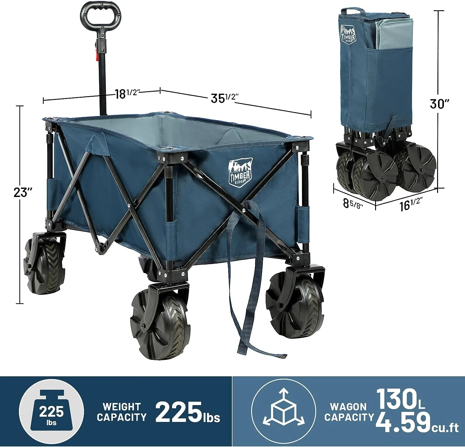 Timber Ridge Folding Wagon Collapsible Utility Big Wheels Shopping Cart for Beach Outdoor Camping Garden All Terrain, Heavy Duty Portable Grocery Cart with Side Bag