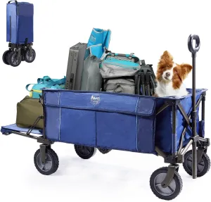 TIMBER RIDGE Tailgate Collapsible Folding Wagon Cart, Heavy Duty Utility Push Pull Beach Wagon Foldable, Outdoor Grocery Cart with Side Pockets for Camping, Garden, Shopping, Holds 225 lbs, Blue