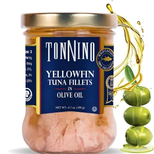 Tonnino Yellowfin Tuna Fish Premium - Olive Oil – Pack of 6 – Alternative to Salmon – Protein Snacks – Ready to Eat Meals in Glass Jar