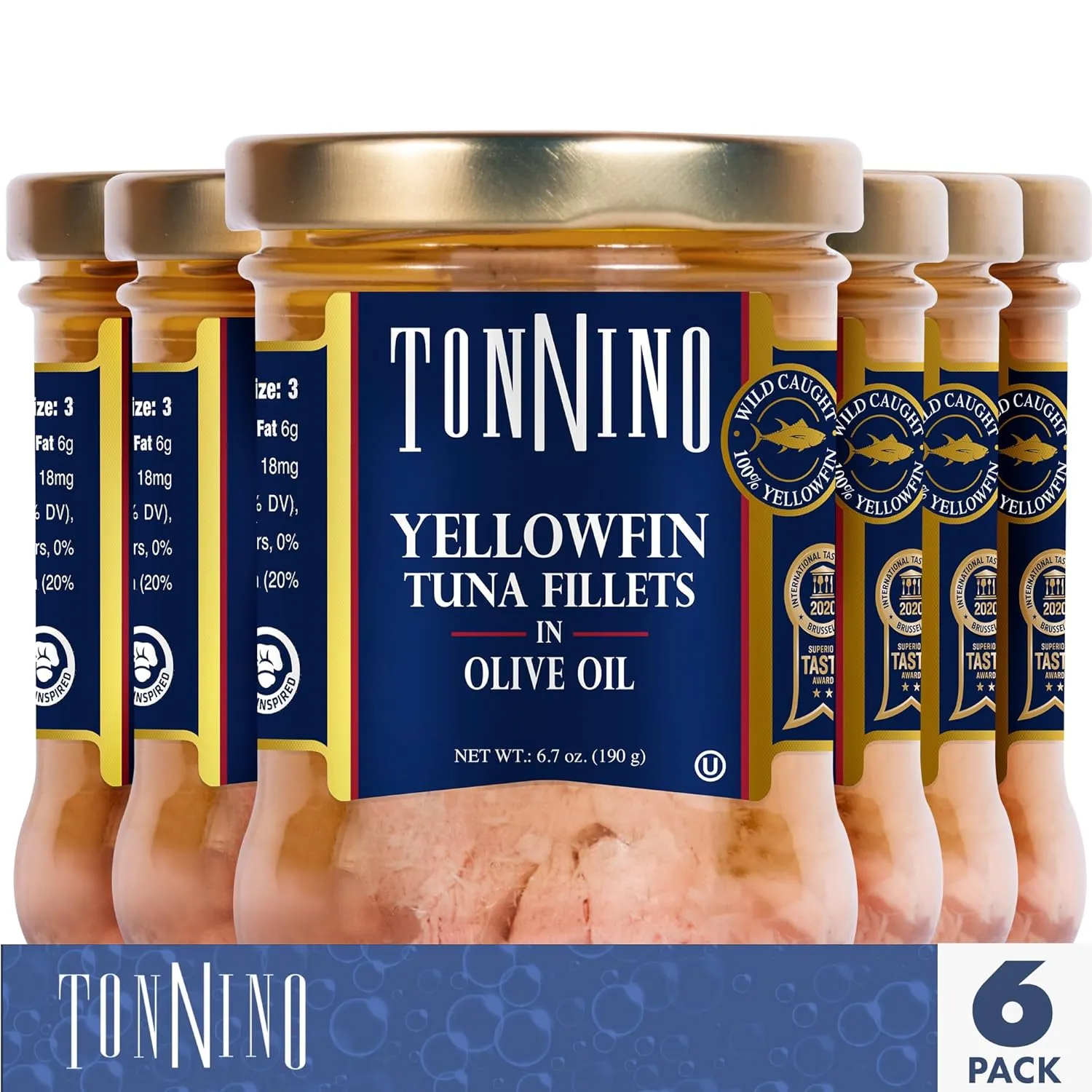 Tonnino Yellowfin Tuna Fish Premium - Olive Oil – Pack of 6 – Alternative to Salmon – Protein Snacks – Ready to Eat Meals in Glass Jar