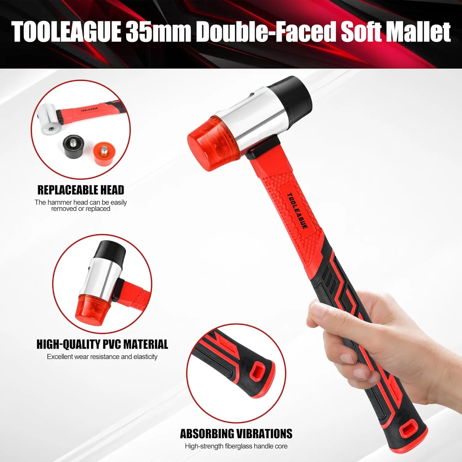 TOOLEAGUE 2Pcs Hammer Set,16oz Rubber Mallet & 35mm Double-Faced Soft Mallet for Camping, Woodworking, DIY Projects, Landscaping,Flooring, Tent Stakes, Black and Red