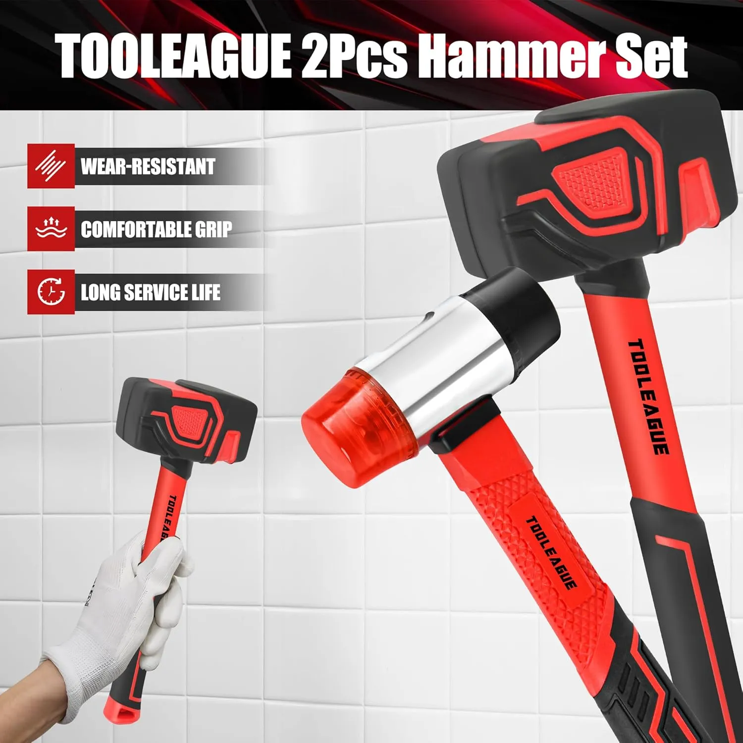 TOOLEAGUE 2Pcs Hammer Set,16oz Rubber Mallet & 35mm Double-Faced Soft Mallet for Camping, Woodworking, DIY Projects, Landscaping,Flooring, Tent Stakes, Black and Red