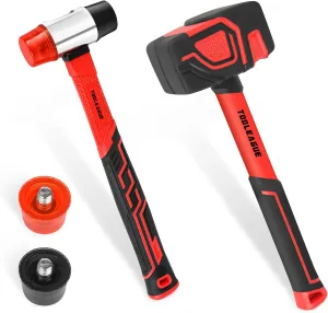 TOOLEAGUE 2Pcs Hammer Set,16oz Rubber Mallet & 35mm Double-Faced Soft Mallet for Camping, Woodworking, DIY Projects, Landscaping,Flooring, Tent Stakes, Black and Red