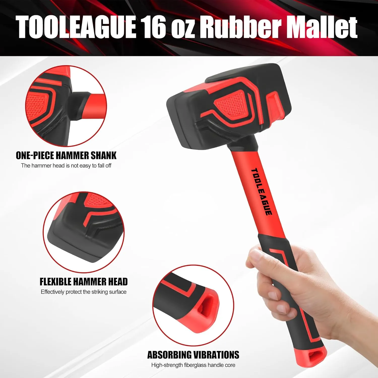 TOOLEAGUE 2Pcs Hammer Set,16oz Rubber Mallet & 35mm Double-Faced Soft Mallet for Camping, Woodworking, DIY Projects, Landscaping,Flooring, Tent Stakes, Black and Red
