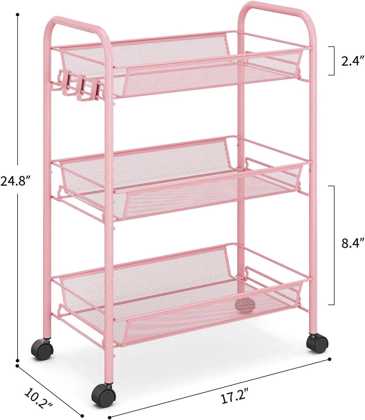 TOOLF 3 Tier Rolling Utility Cart - Durable Metal Design Pink Utility Cart, Storage Trolley on Wheels with 3 Hooks, Perfect for Kitchen, Bathroom & Laundry Room Organization