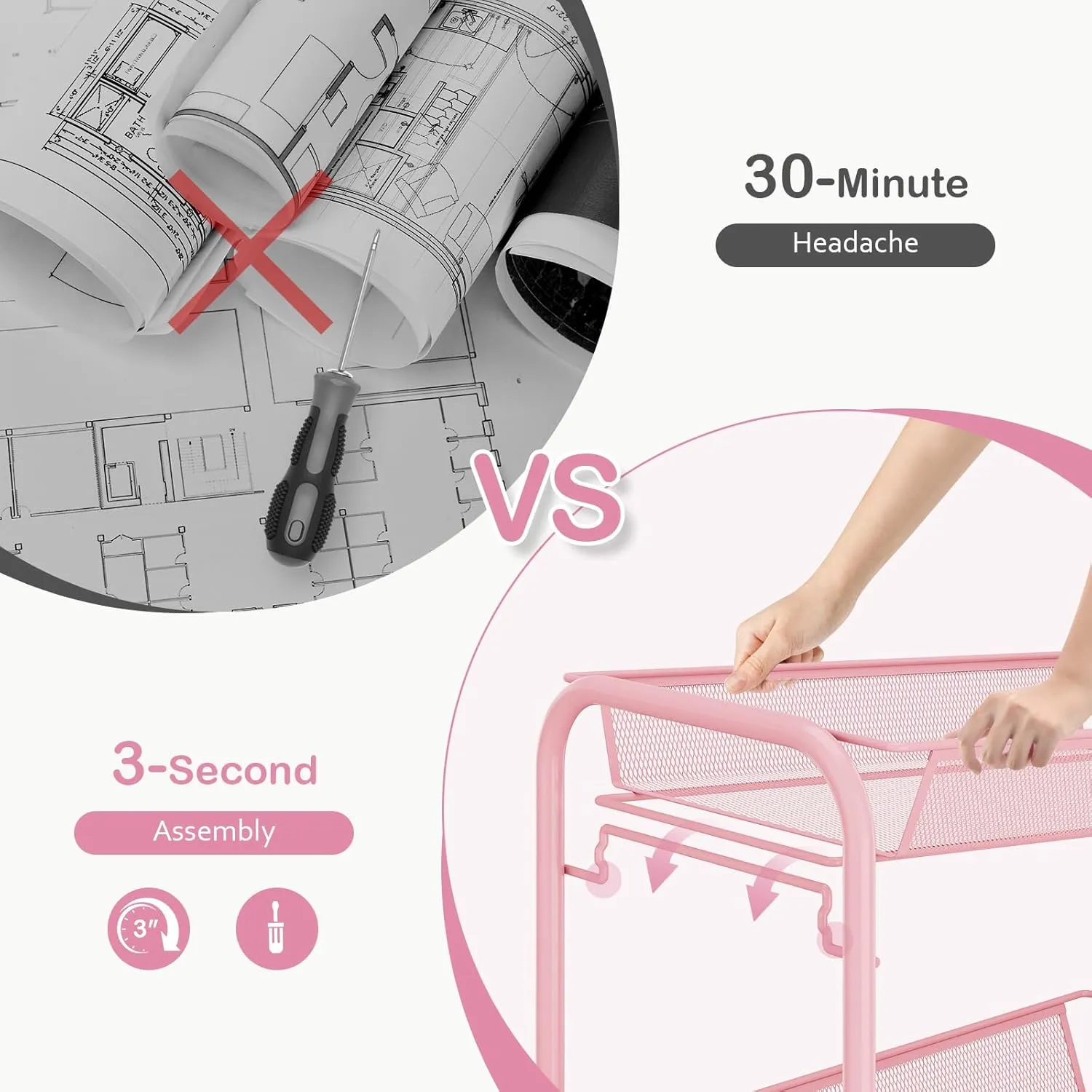 TOOLF 3 Tier Rolling Utility Cart - Durable Metal Design Pink Utility Cart, Storage Trolley on Wheels with 3 Hooks, Perfect for Kitchen, Bathroom & Laundry Room Organization