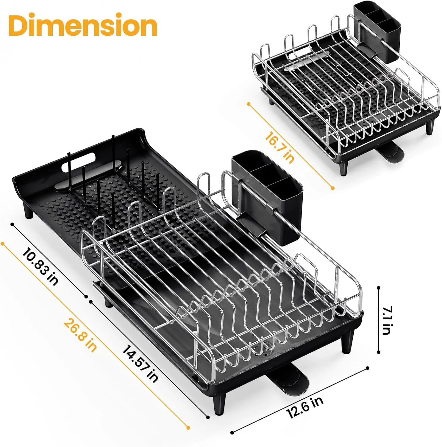 TOOLF Expandable Dish Rack, Dish Drying Rack for Kitchen Counter, Foldable Dish Dryer Rack, Stainless Steel Dish Drainer Racks with Cutlery Holder, Collapsible Dish Drying Racks Large Size,Black