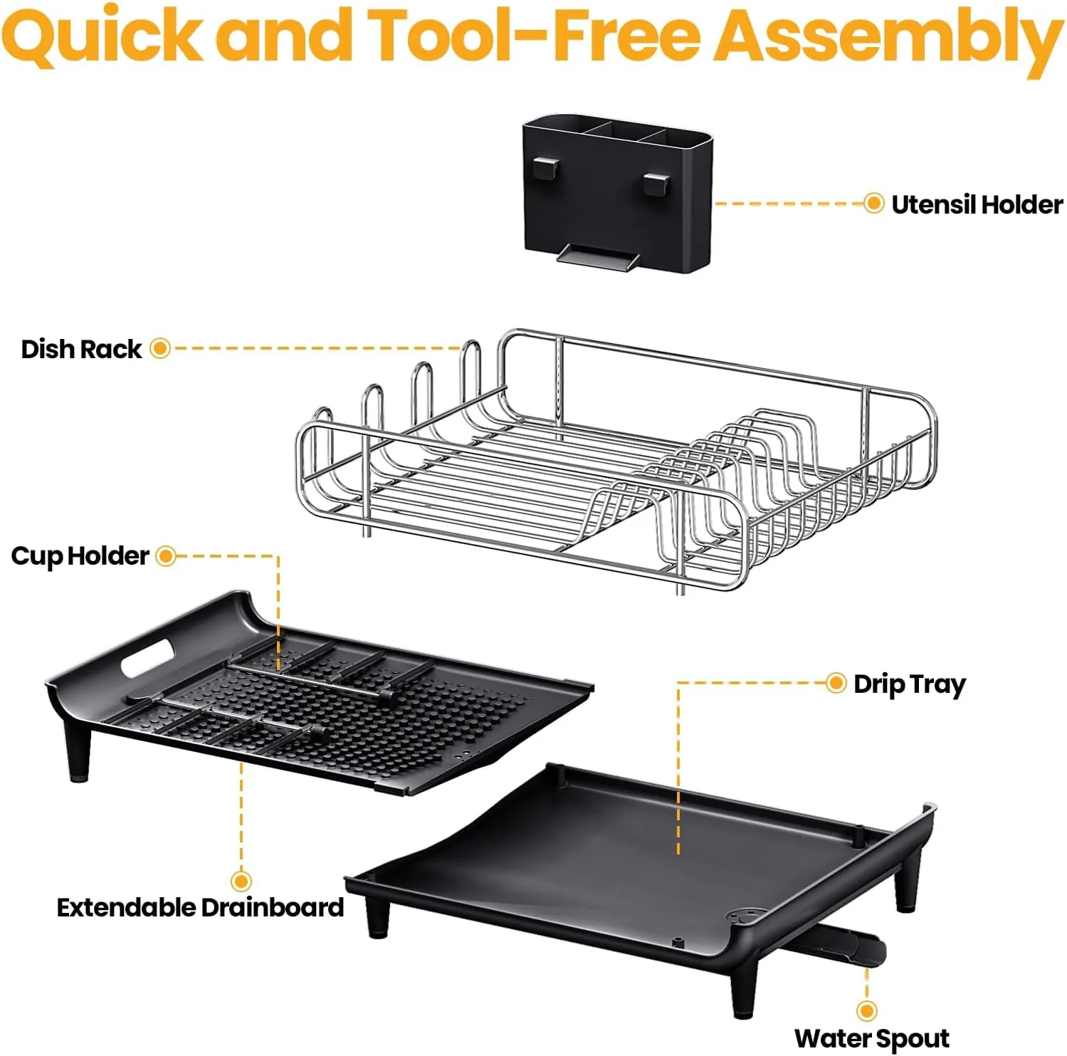 TOOLF Expandable Dish Rack, Dish Drying Rack for Kitchen Counter, Foldable Dish Dryer Rack, Stainless Steel Dish Drainer Racks with Cutlery Holder, Collapsible Dish Drying Racks Large Size,Black