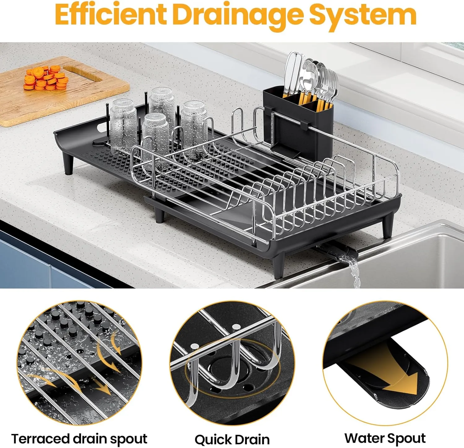 TOOLF Expandable Dish Rack, Dish Drying Rack for Kitchen Counter, Foldable Dish Dryer Rack, Stainless Steel Dish Drainer Racks with Cutlery Holder, Collapsible Dish Drying Racks Large Size,Black