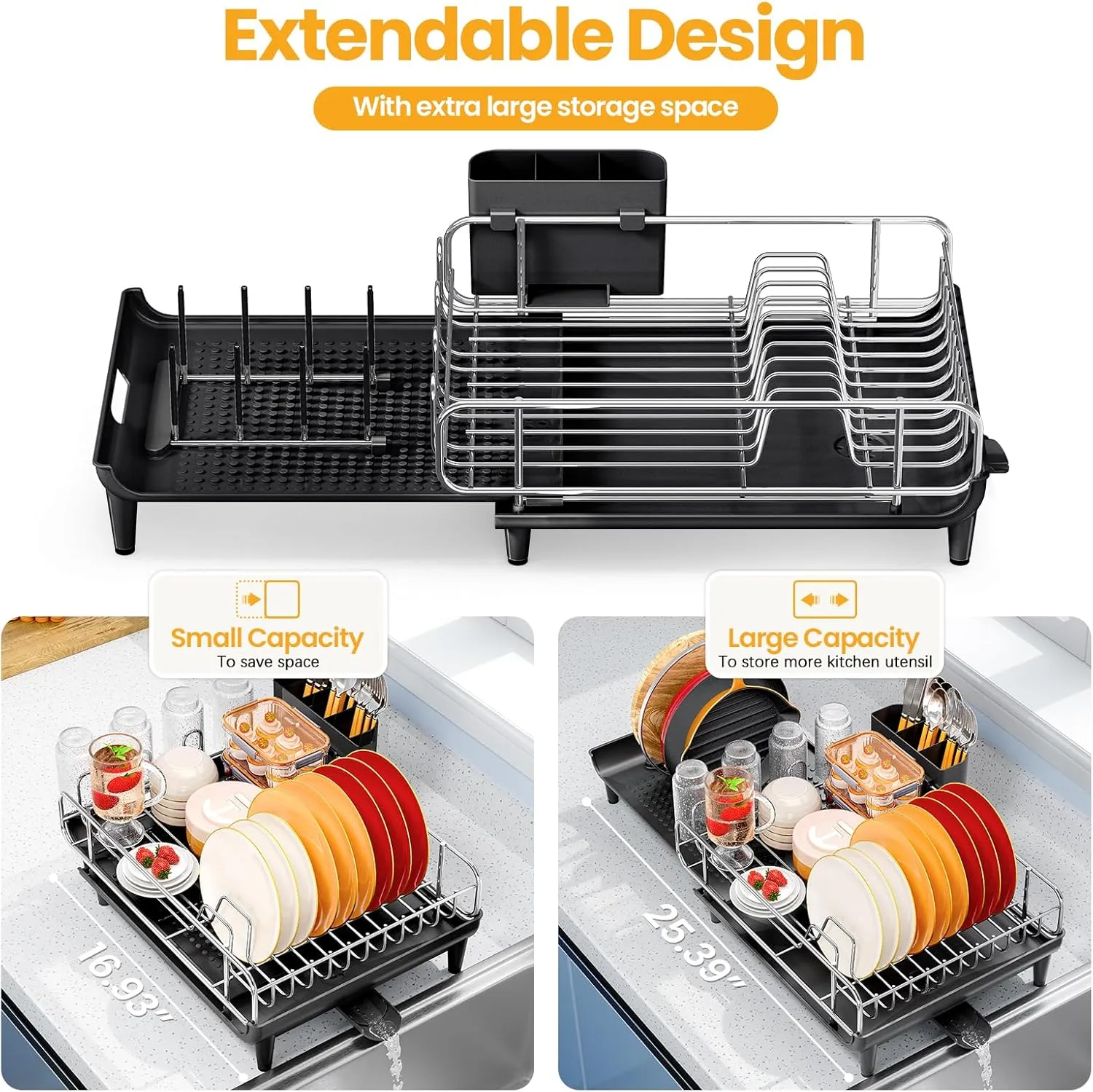 TOOLF Expandable Dish Rack, Dish Drying Rack for Kitchen Counter, Foldable Dish Dryer Rack, Stainless Steel Dish Drainer Racks with Cutlery Holder, Collapsible Dish Drying Racks Large Size,Black