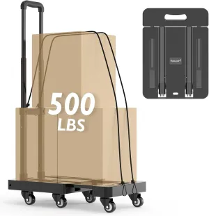 TOOLIOM Folding Hand Truck, 500 lbs Heavy Duty Foldable Luggage Cart with 6 Wheels & 2 Elastic Ropes, Portable Collapsible Dolly Cart with Extendable Base