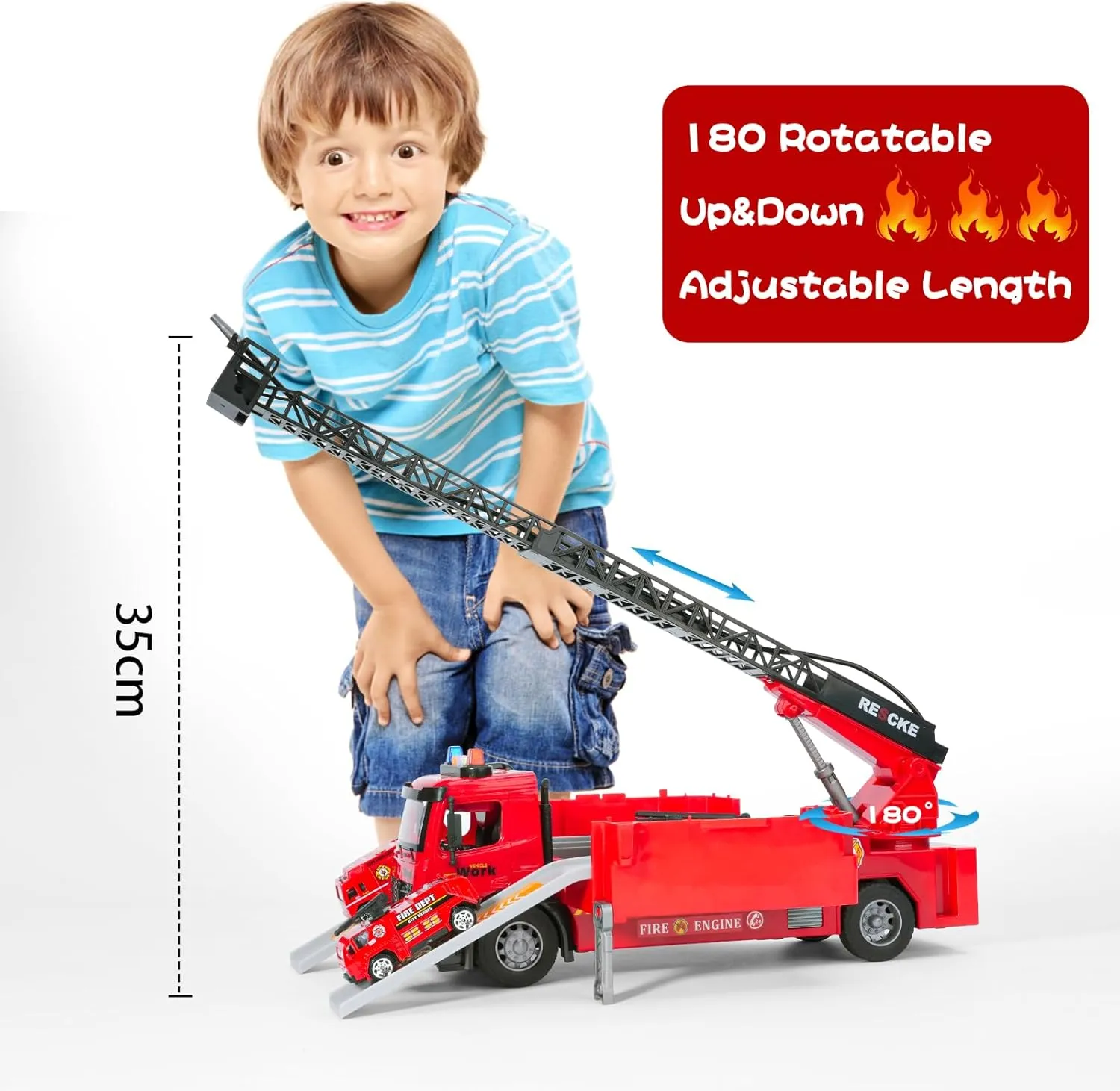 Toy Fire Truck Rescue Firetruck - Transformer Ejector Truck Car Race Track Home Outdoor Shool Toddler Kids Ages 3  4 5 6 7 8 Year Old Boys Girls Children Christmas Birthday Gift Ladder Real Water Jet