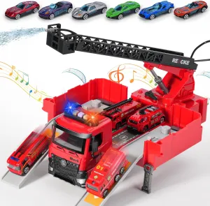 Toy Fire Truck Rescue Firetruck - Transformer Ejector Truck Car Race Track Home Outdoor Shool Toddler Kids Ages 3  4 5 6 7 8 Year Old Boys Girls Children Christmas Birthday Gift Ladder Real Water Jet