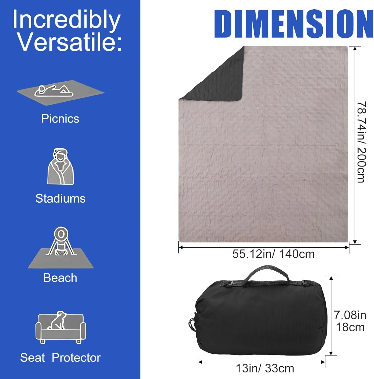 Tranqun 1 Large Outdoor Blanket 78'' x 55'' Quilted Windproof Waterproof Fleece Sandproof Stadium Foldable Warm Blanket for Camping Picnic Sporting Events Cold Weather (Black)
