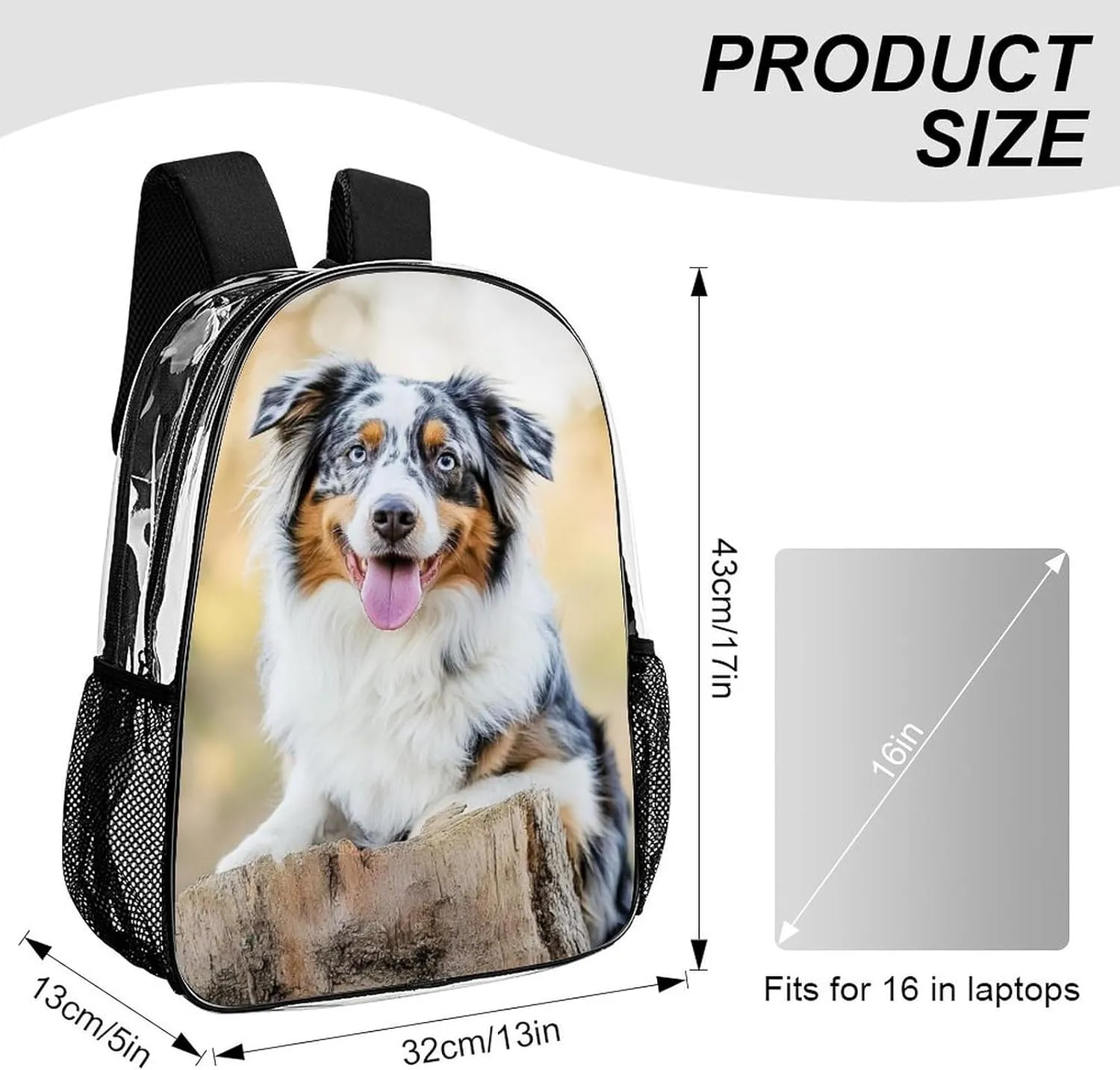 Transparent Daypack Backpack for Climbing Outdoors Running - Big Capacity Multipurpose Anti-Theft Bookbag, Animal Australian Shepherd Travel Hiking & Camping Rucksack