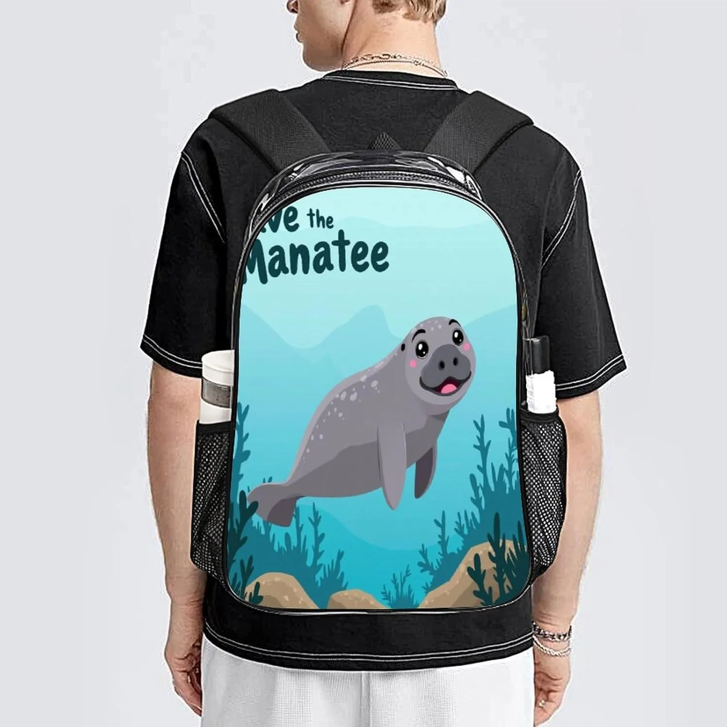 Transparent Daypack Backpack for Trekking Picnic Walking Cycling - Large Capacity Anti-Theft Multipurpose Shoulder Bag, Save Manatee Art Casual Daypack