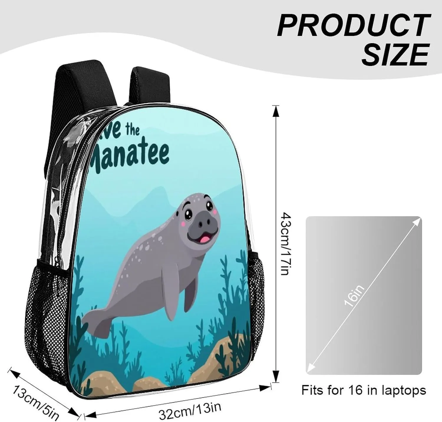 Transparent Daypack Backpack for Trekking Picnic Walking Cycling - Large Capacity Anti-Theft Multipurpose Shoulder Bag, Save Manatee Art Casual Daypack