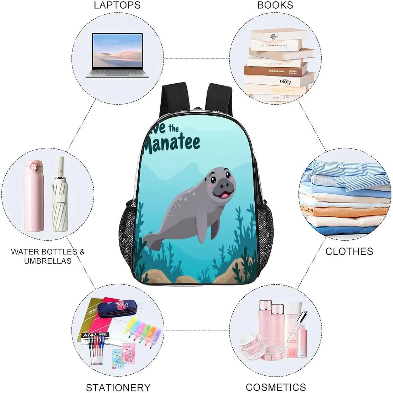 Transparent Daypack Backpack for Trekking Picnic Walking Cycling - Large Capacity Anti-Theft Multipurpose Shoulder Bag, Save Manatee Art Casual Daypack