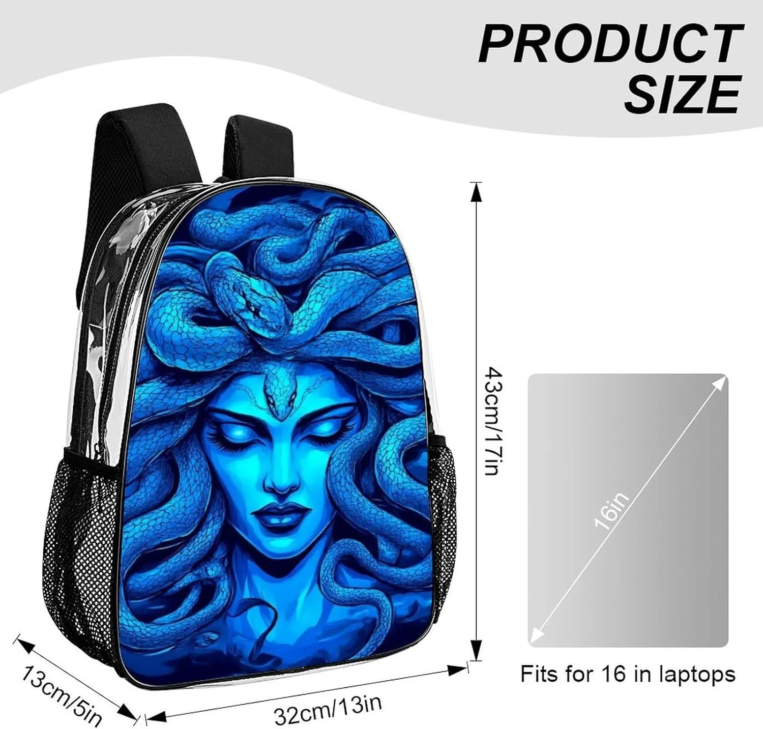 Transparent Daypack Bookbag for Gym Business Bicycle - Large Capacity Multipurpose Anti-Theft Carry On Bag, Greek Goddess Snake Queen Medusa Art Blue Travel Hiking Daypack