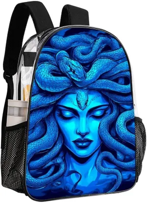 Transparent Daypack Bookbag for Gym Business Bicycle - Large Capacity Multipurpose Anti-Theft Carry On Bag, Greek Goddess Snake Queen Medusa Art Blue Travel Hiking Daypack