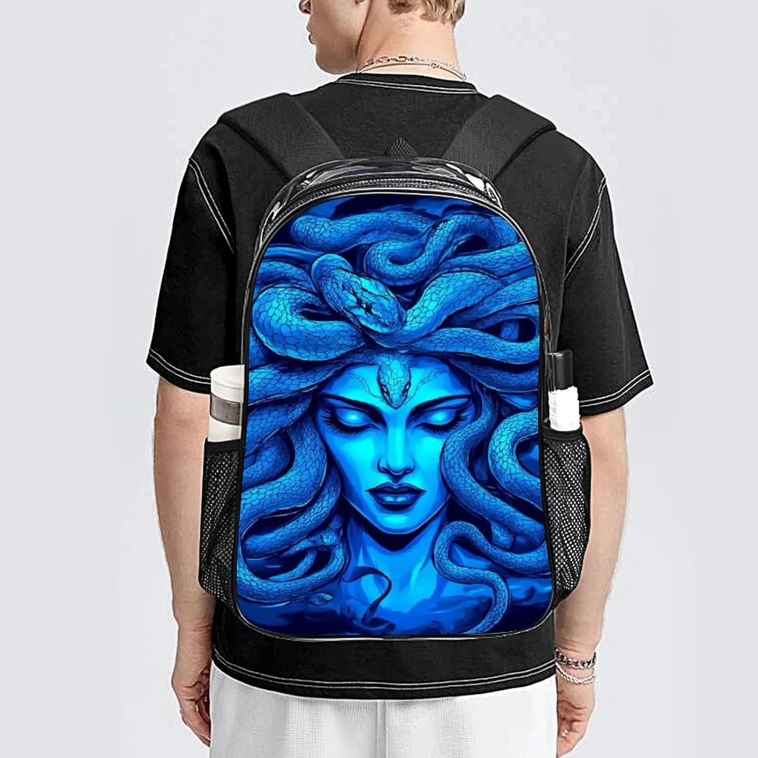 Transparent Daypack Bookbag for Gym Business Bicycle - Large Capacity Multipurpose Anti-Theft Carry On Bag, Greek Goddess Snake Queen Medusa Art Blue Travel Hiking Daypack