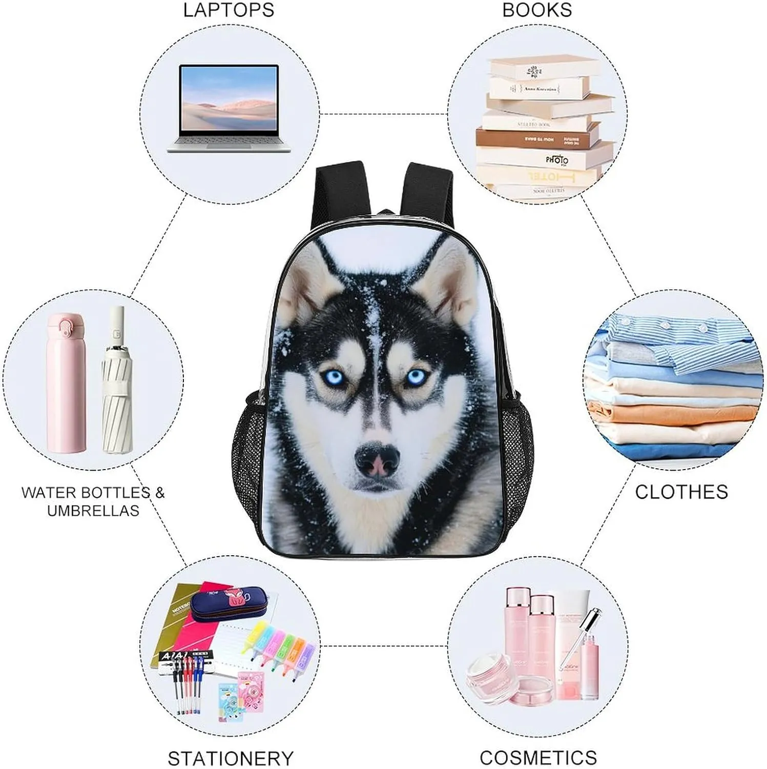 Transparent Daypack for Camping Travel Walking Cycling - Big Capacity Anti-Theft Multipurpose Bookbag, Funny Siberian Husky Dogs Camping Outdoor Backpack