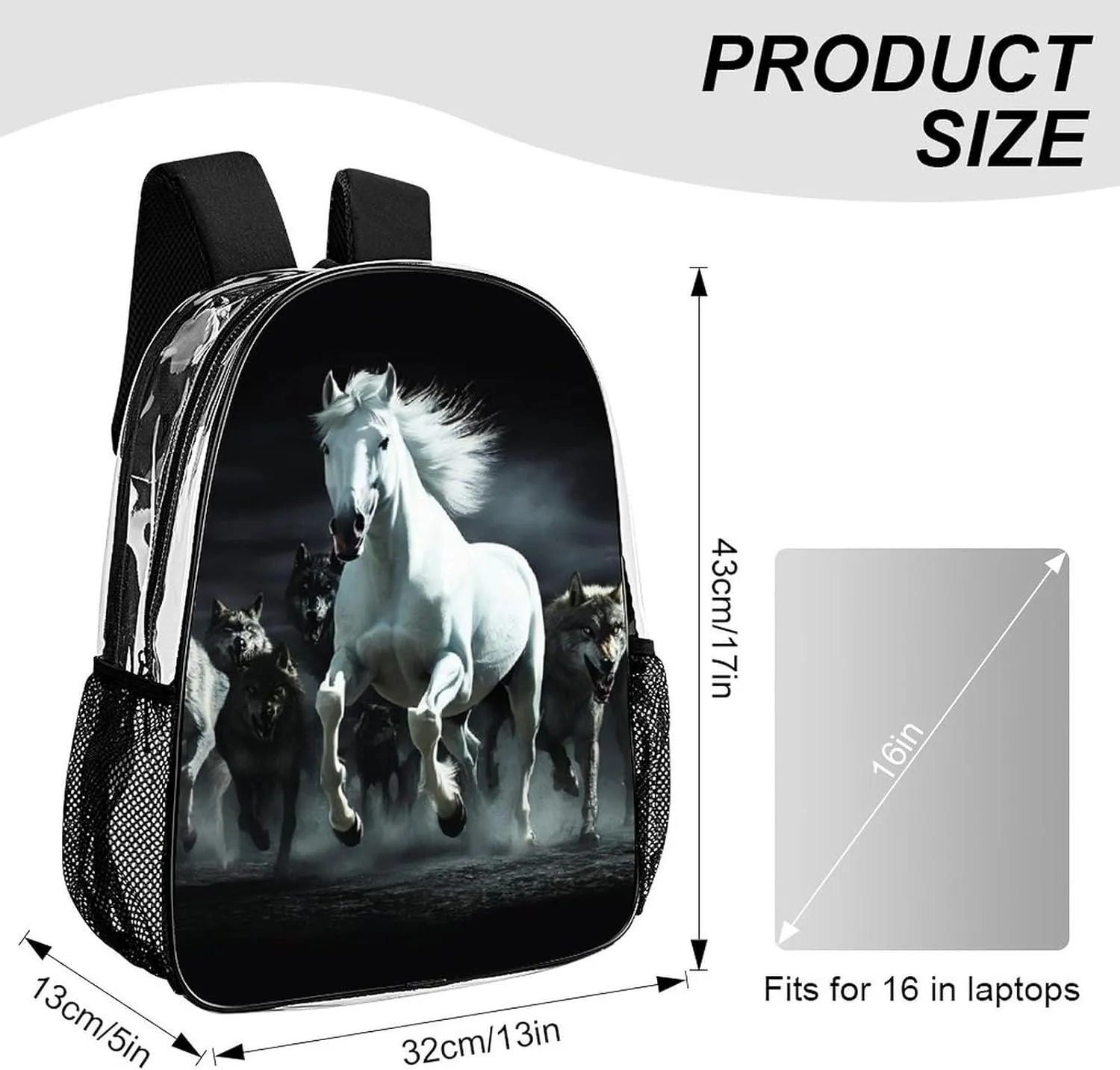 Transparent Daypack for Hiking Work Running - Big Capacity Anti-Theft Multipurpose Shoulder Bag, Black And White Running Wild Horse Wolves Travel and Sport Backpack Rucksack