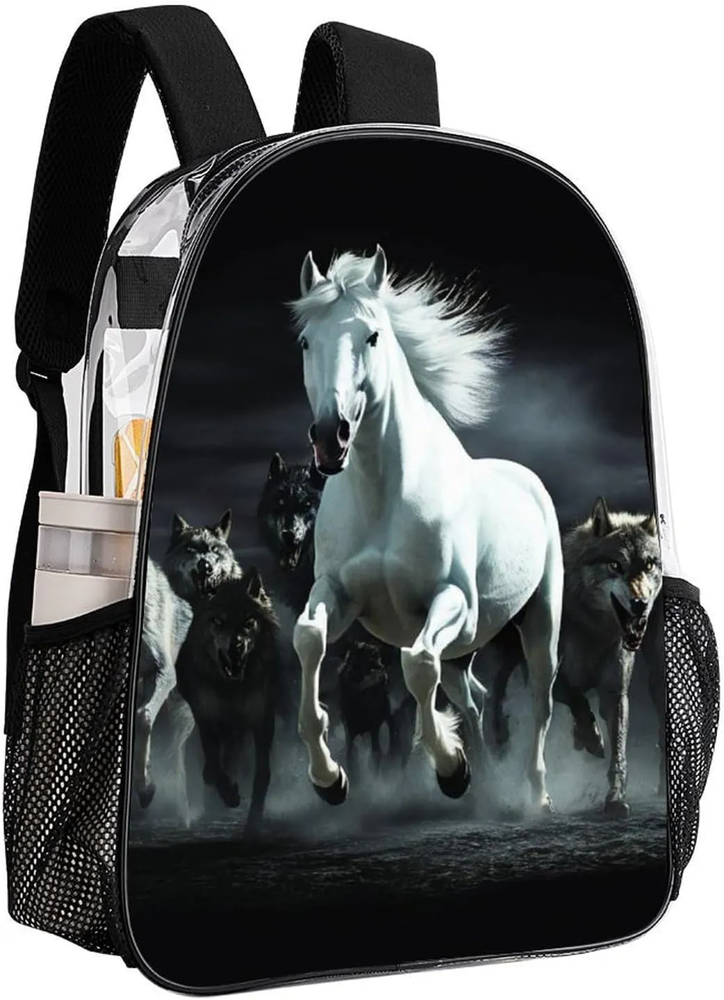 Transparent Daypack for Hiking Work Running - Big Capacity Anti-Theft Multipurpose Shoulder Bag, Black And White Running Wild Horse Wolves Travel and Sport Backpack Rucksack