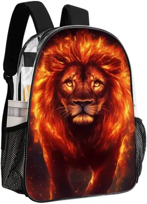 Transparent Daypack for Hiking Work Running - Big Capacity Anti-Theft Multipurpose Shoulder Bag, Cool Fire Flaming Lion Art Travel and Sport Backpack Rucksack