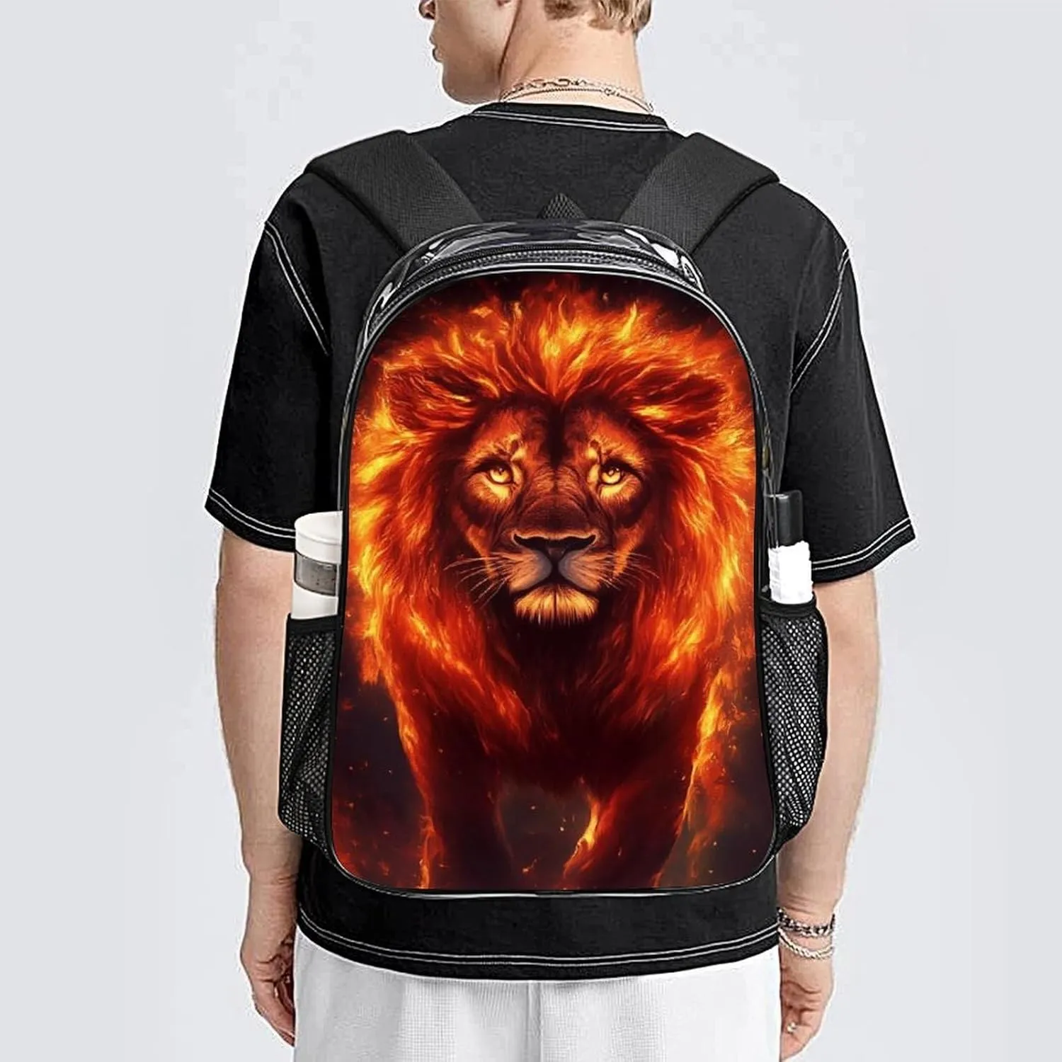 Transparent Daypack for Hiking Work Running - Big Capacity Anti-Theft Multipurpose Shoulder Bag, Cool Fire Flaming Lion Art Travel and Sport Backpack Rucksack