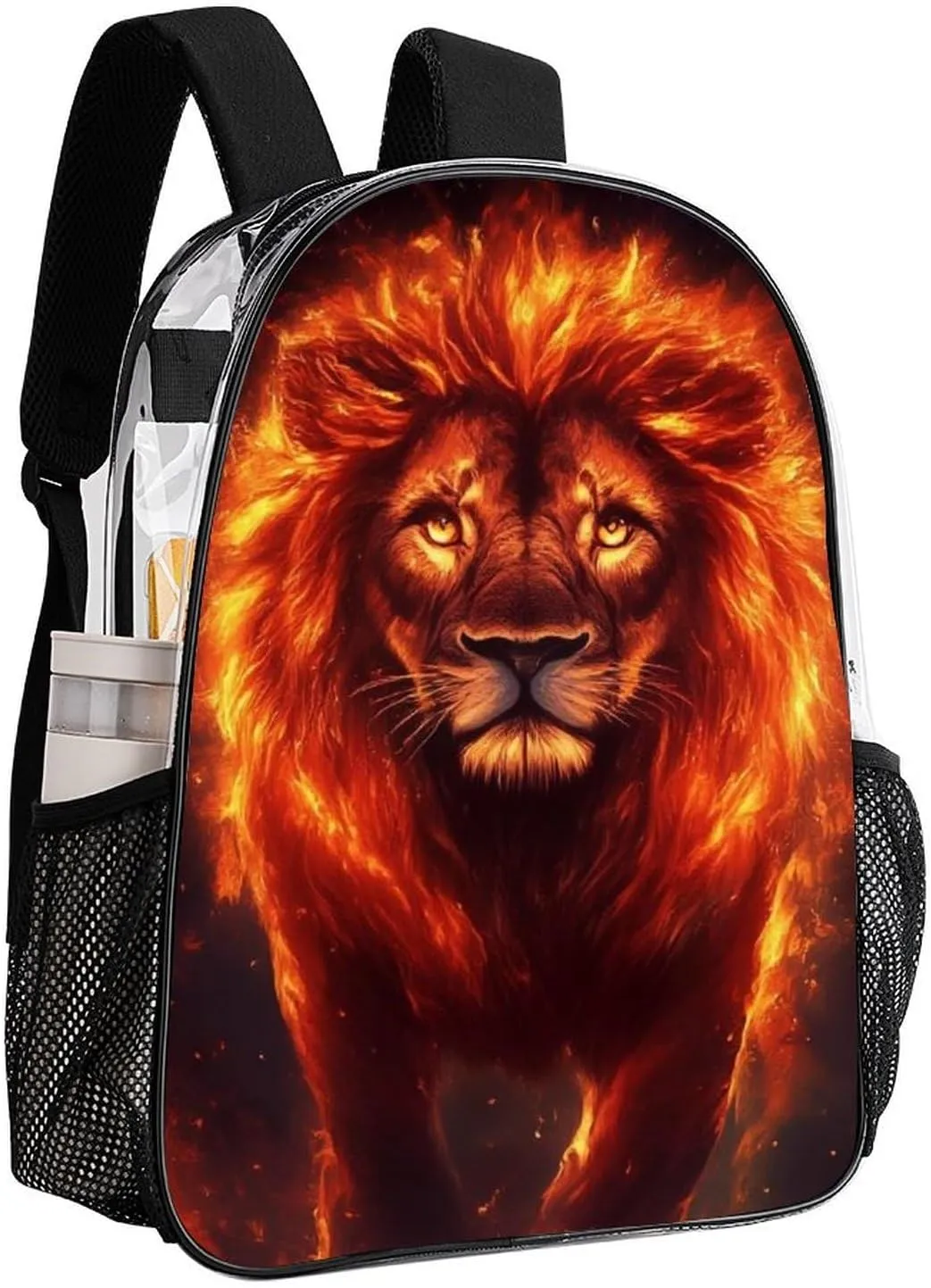 Transparent Daypack for Hiking Work Running - Big Capacity Anti-Theft Multipurpose Shoulder Bag, Cool Fire Flaming Lion Art Travel and Sport Backpack Rucksack