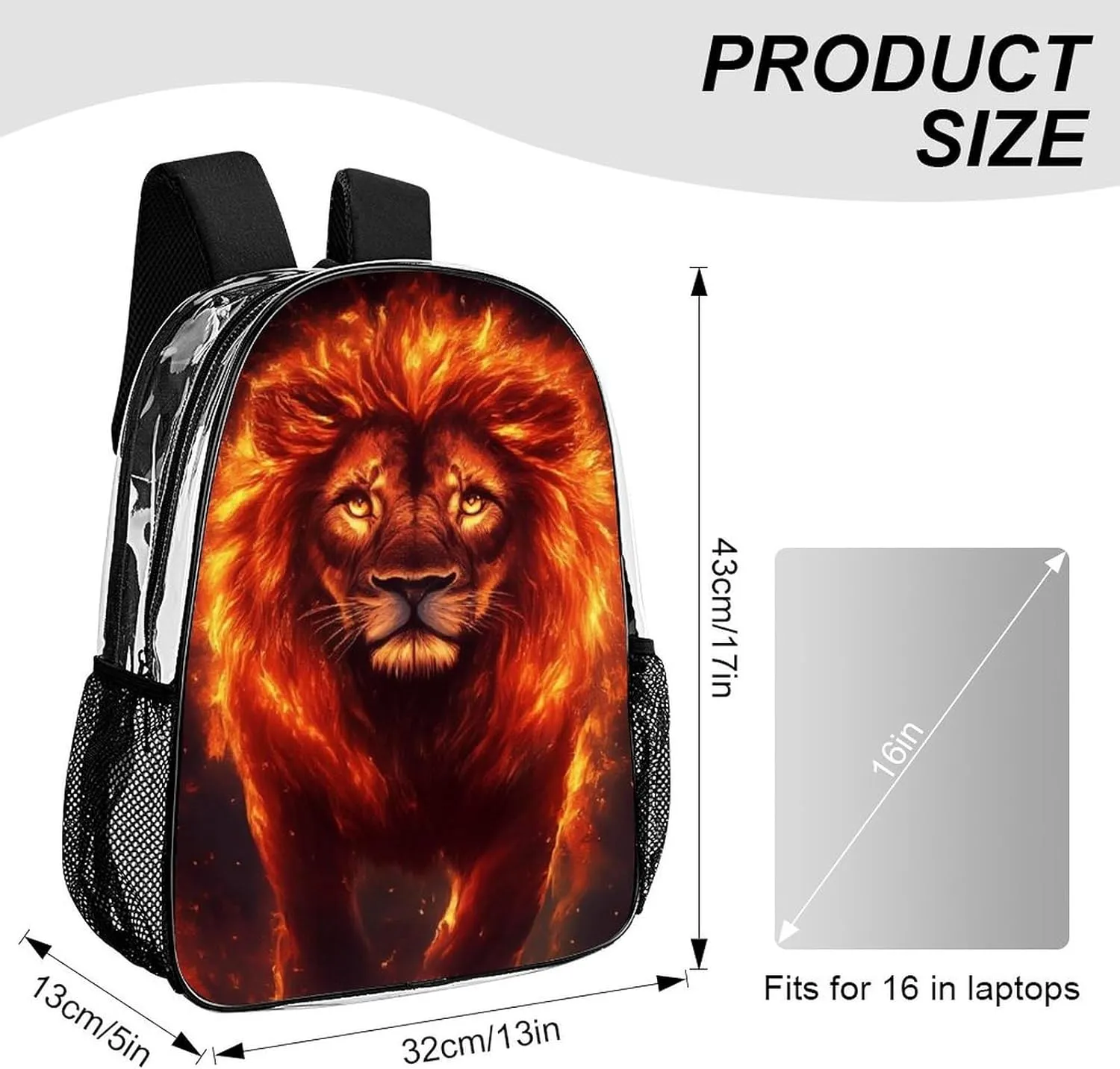 Transparent Daypack for Hiking Work Running - Big Capacity Anti-Theft Multipurpose Shoulder Bag, Cool Fire Flaming Lion Art Travel and Sport Backpack Rucksack