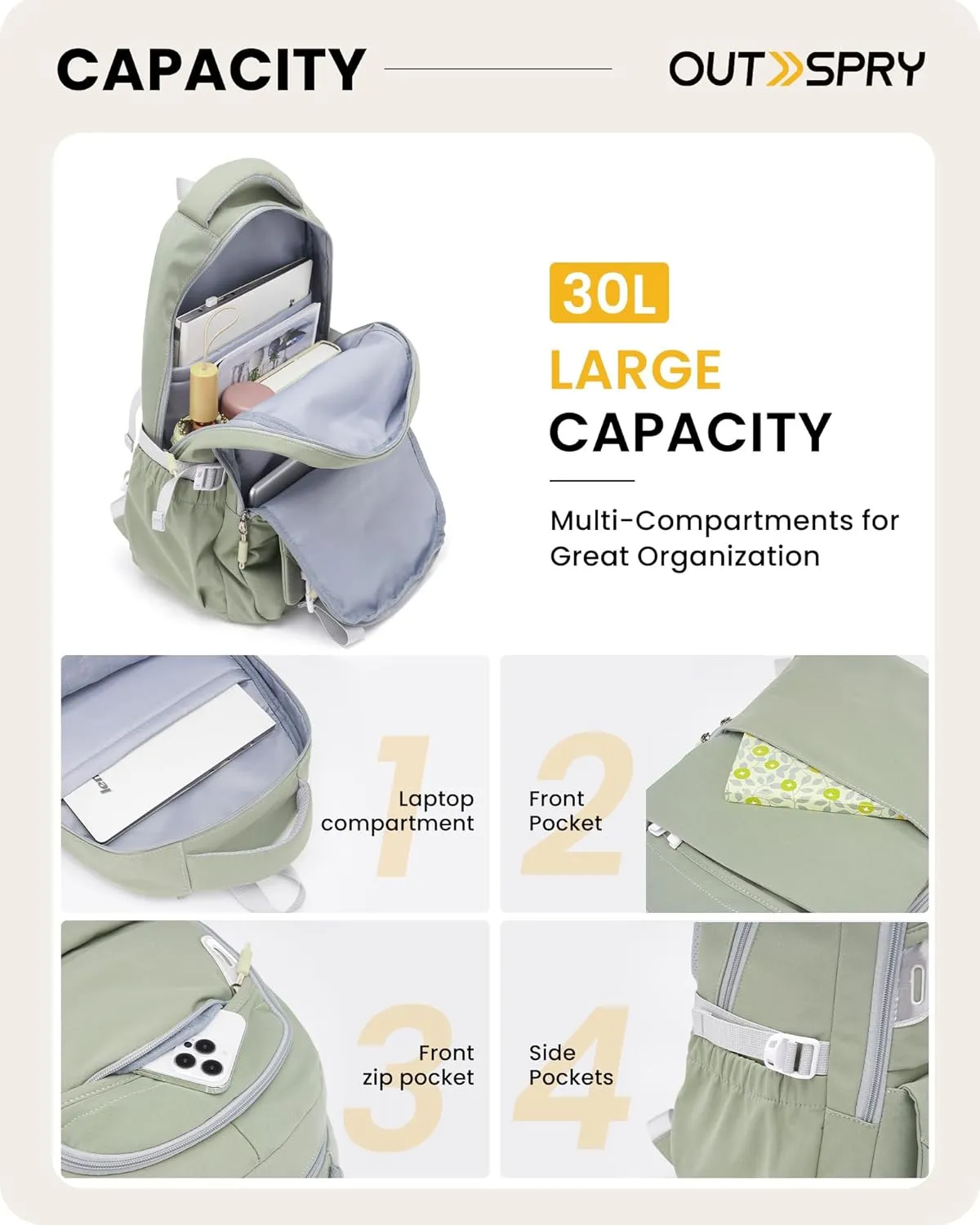 Travel Backpack for Women and Men, 30L Ergonomic Casual Backpack Multi-Purpose Daypack for Camping Hiking Traveling Outdoor, Green