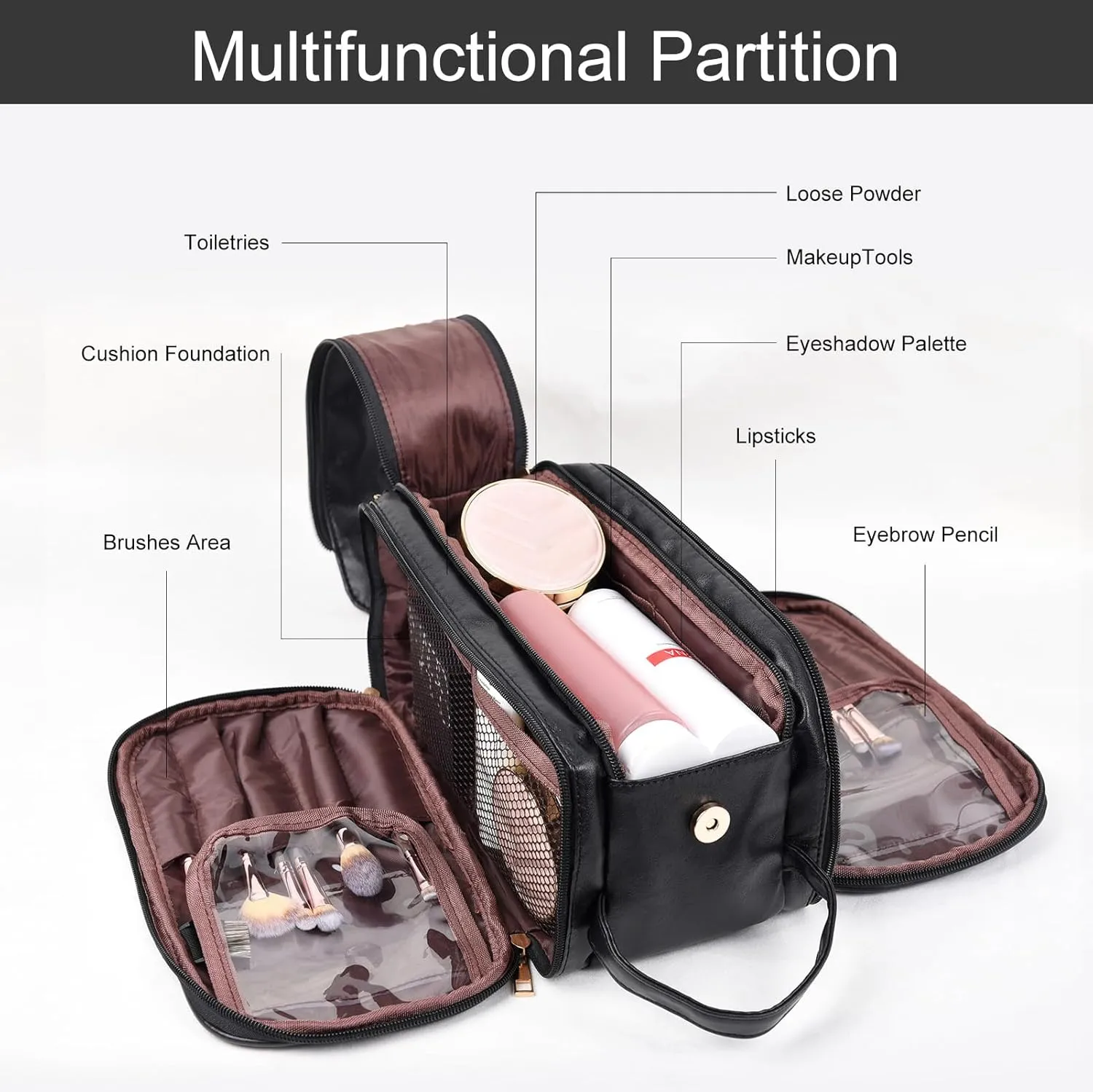 Travel Toiletry Bag For Women Large Capacity Opening Cosmetic Organizer, Portable Waterproof Pouch Open Flat Travel Makeup Bags, Makeup Storage With Divide and Handle Black