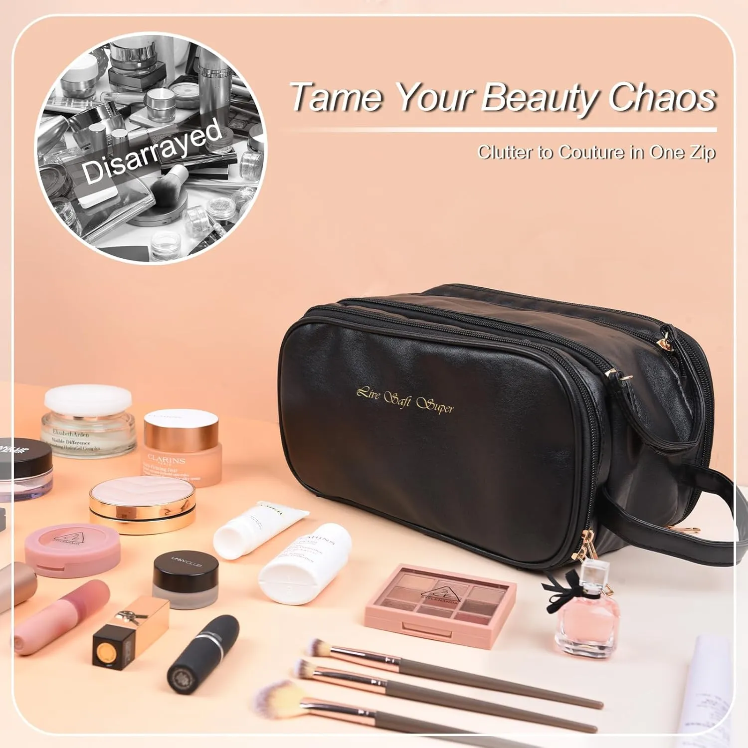 Travel Toiletry Bag For Women Large Capacity Opening Cosmetic Organizer, Portable Waterproof Pouch Open Flat Travel Makeup Bags, Makeup Storage With Divide and Handle Black