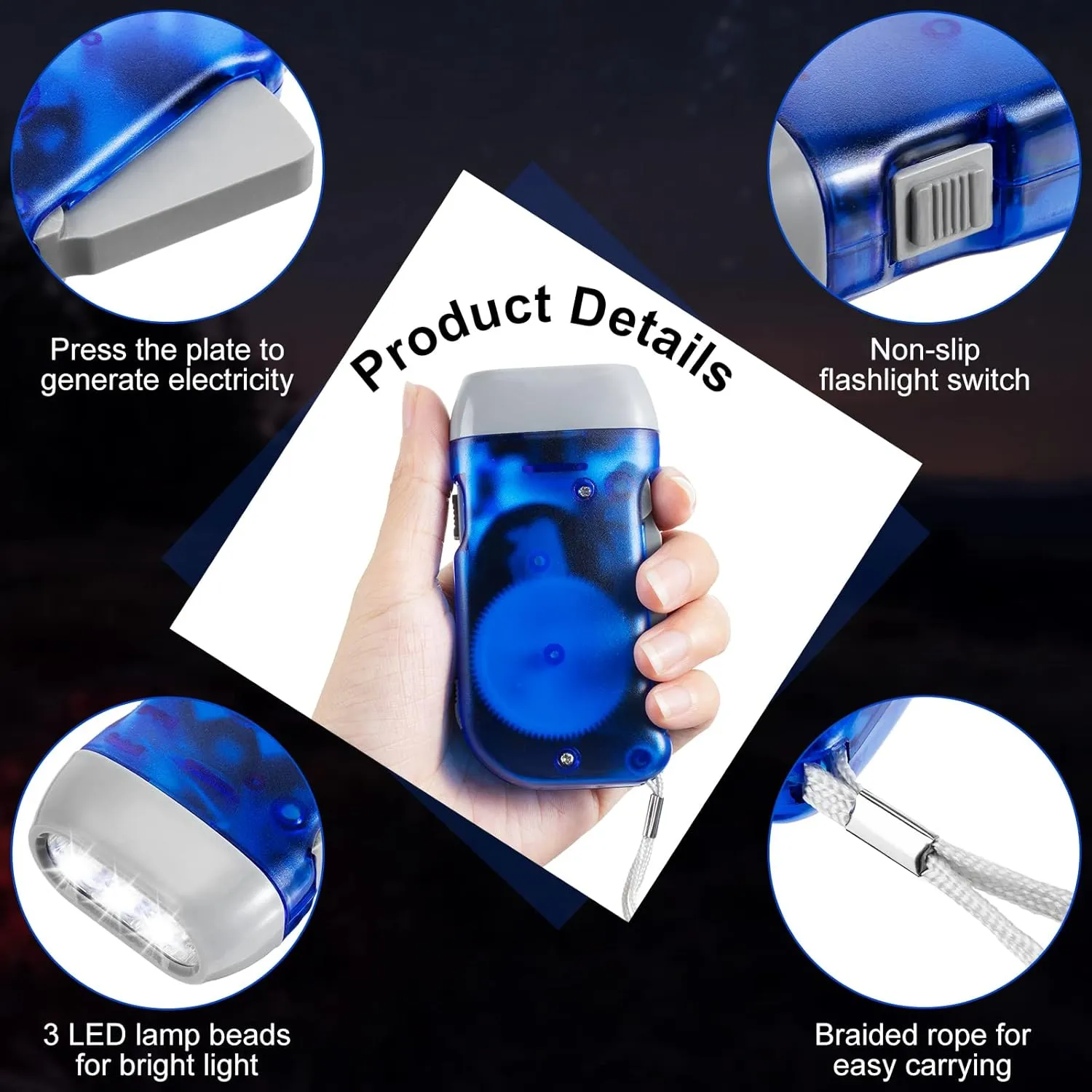 Treela 36 Pcs Hand Crank Flashlight Bulk Squeeze Wind up Flashlight No Battery with LED Self Powered Charging Torch Dynamo for Camping Emergency Survival Christmas(Yellow, Gray, Blue, Red)