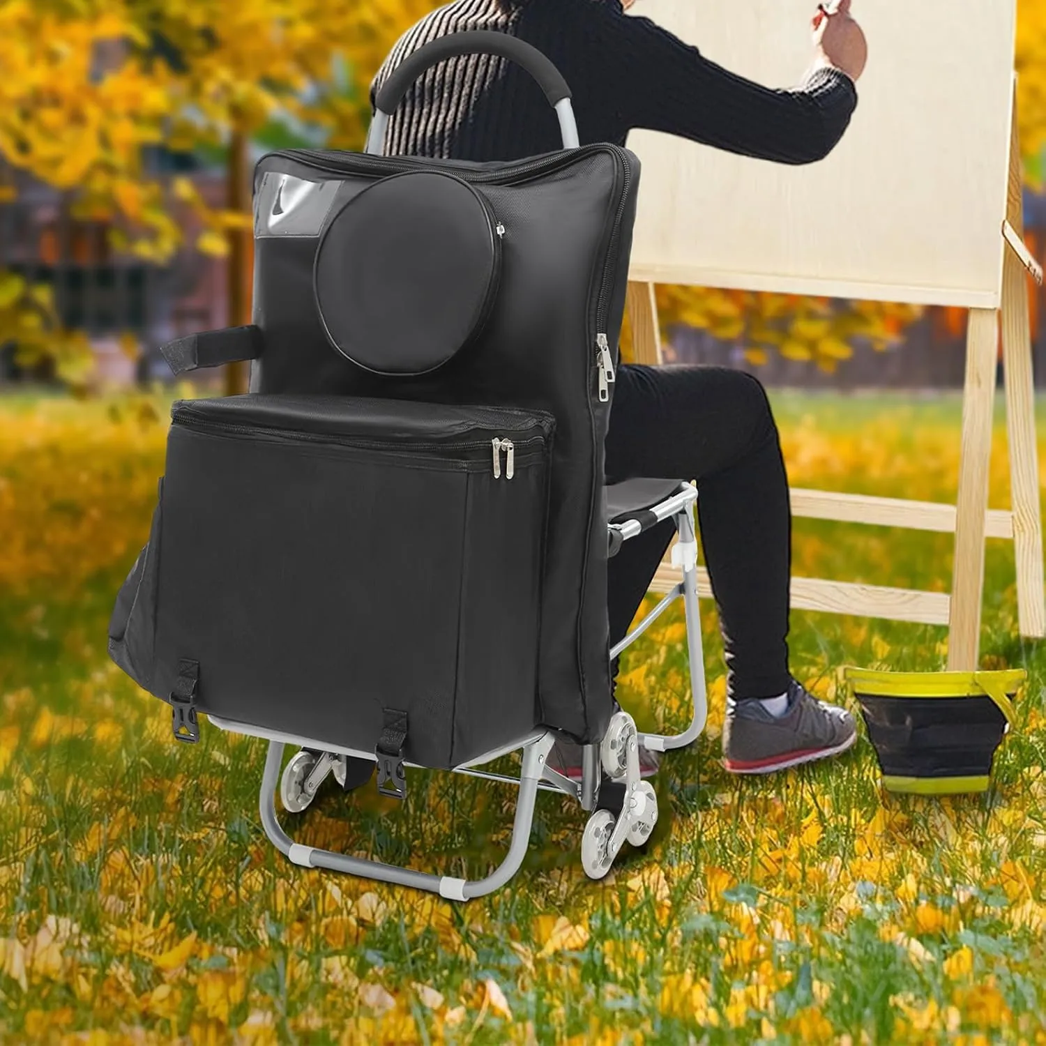 Trolley with Seat, Foldable Shopping Cart with Wheels, Folding Wheeled Portable Rolling Chair/Art Cart with Storage Bag, Black