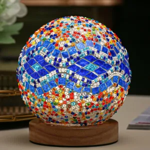 Turkish Table lamp (D:4.7" x H:5.2"),Mosaic Glass Lamps with Wooden Base, Bohemian Tiffany Bedside Lamps, USB power Moroccan Lantern for Living Room Halloween Decorations (Baroque - Blue, Baroque)