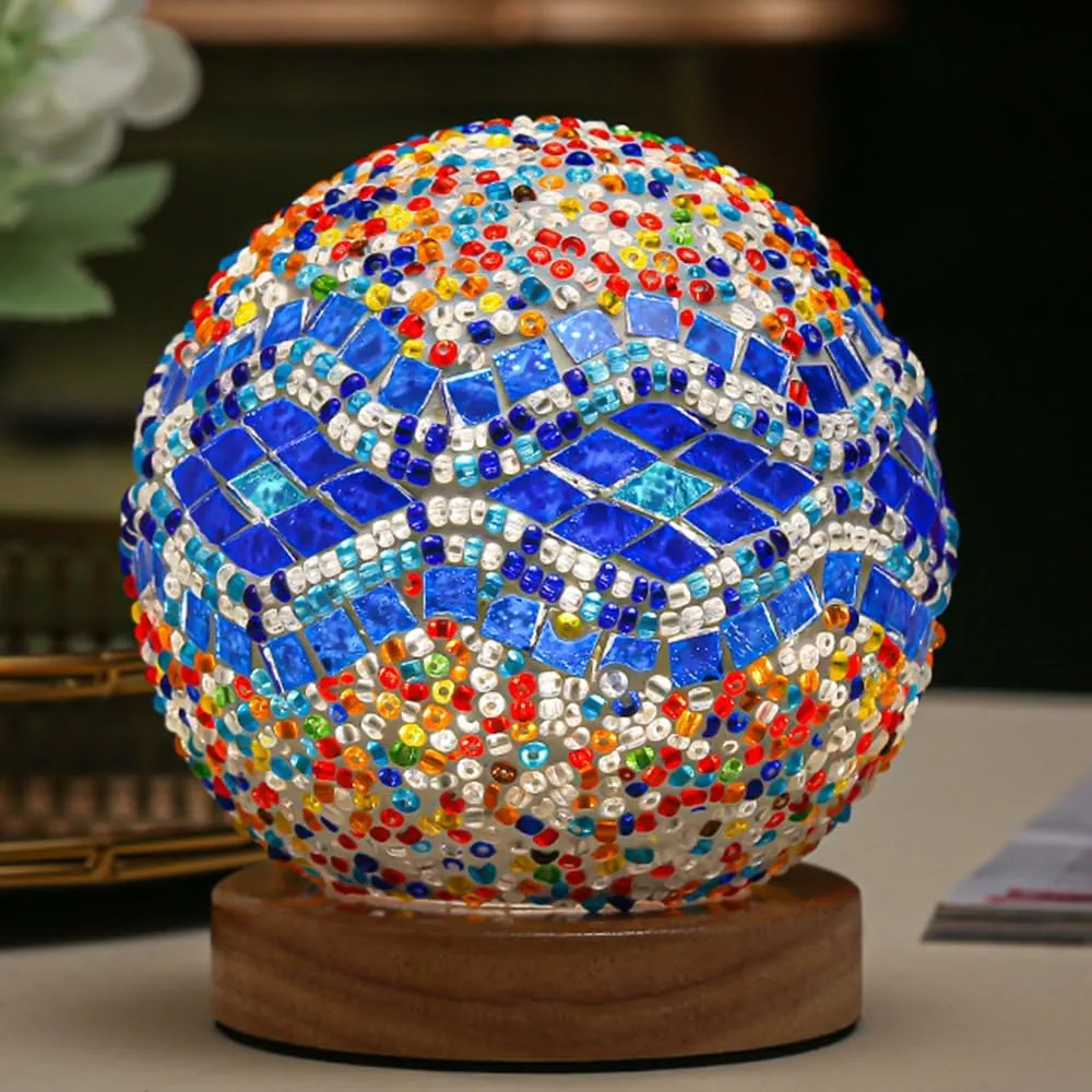 Turkish Table lamp (D:4.7" x H:5.2"),Mosaic Glass Lamps with Wooden Base, Bohemian Tiffany Bedside Lamps, USB power Moroccan Lantern for Living Room Halloween Decorations (Baroque - Blue, Baroque)